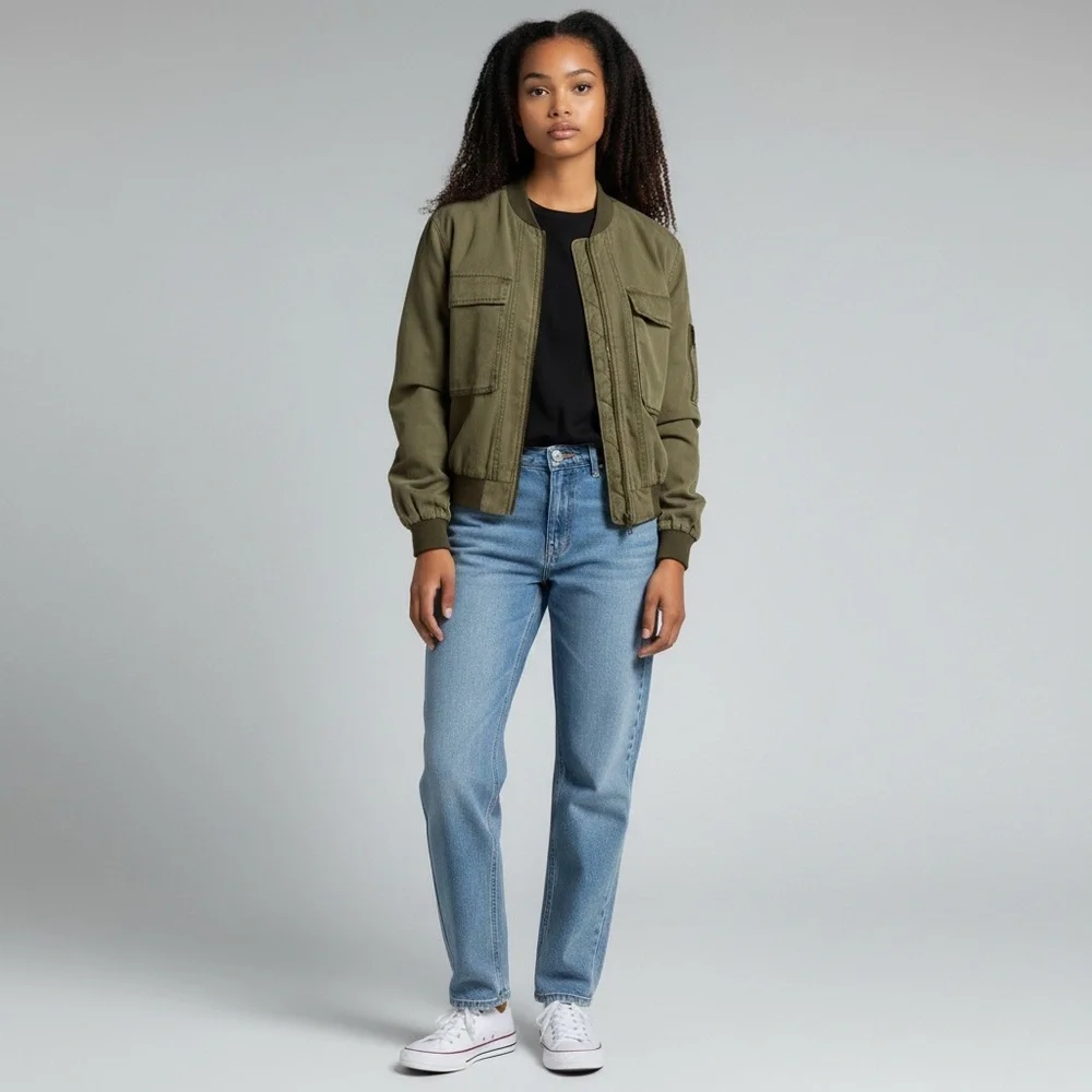 Young Fabulous & Broke Women’s Utility Bomber Jacket XS Khaki Short Zip Front‎